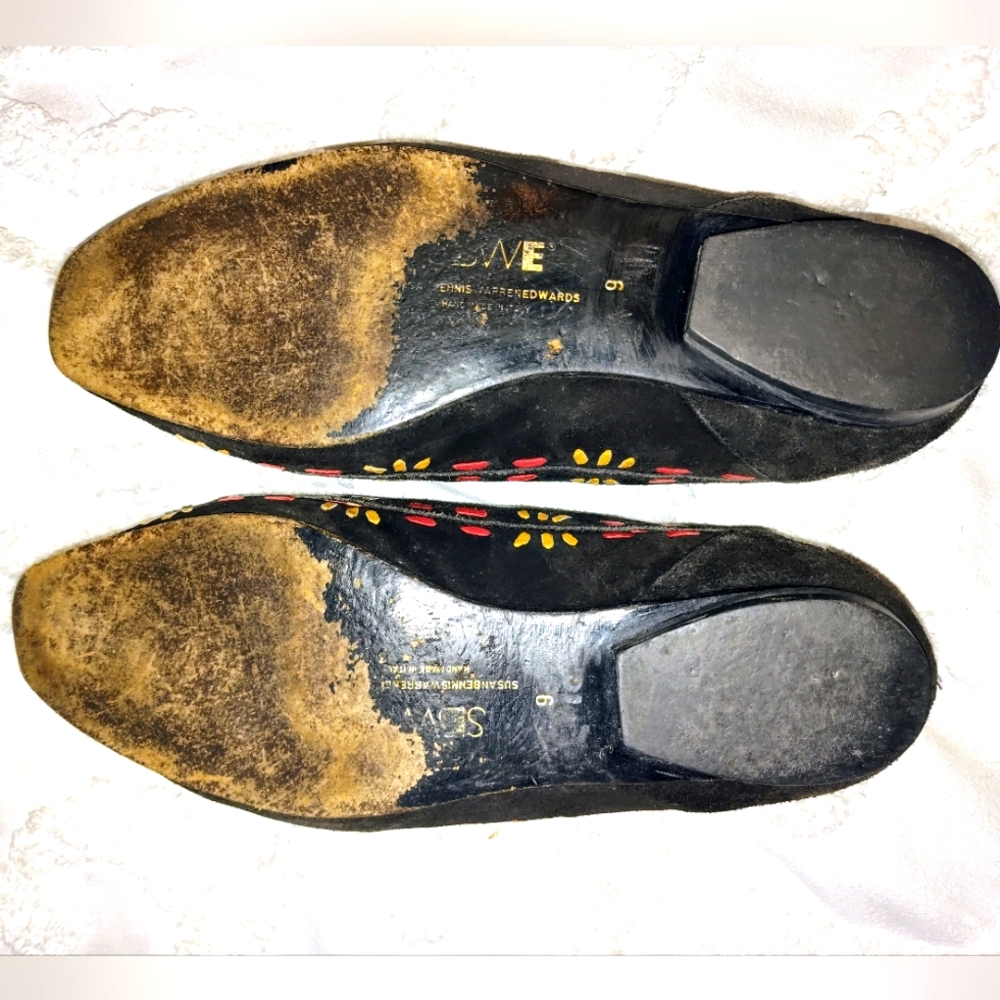 Susan Bennis Warren Edwards Black Suede Embroidered Vintage Loafer Flats Size 9 - Picture 6 of 8